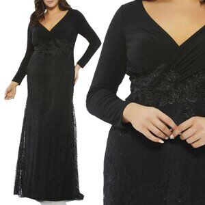 Mac Duggal 67896 Size 16W 16 Black Stretch Long Sleeve Floral Maxi Dress Gown